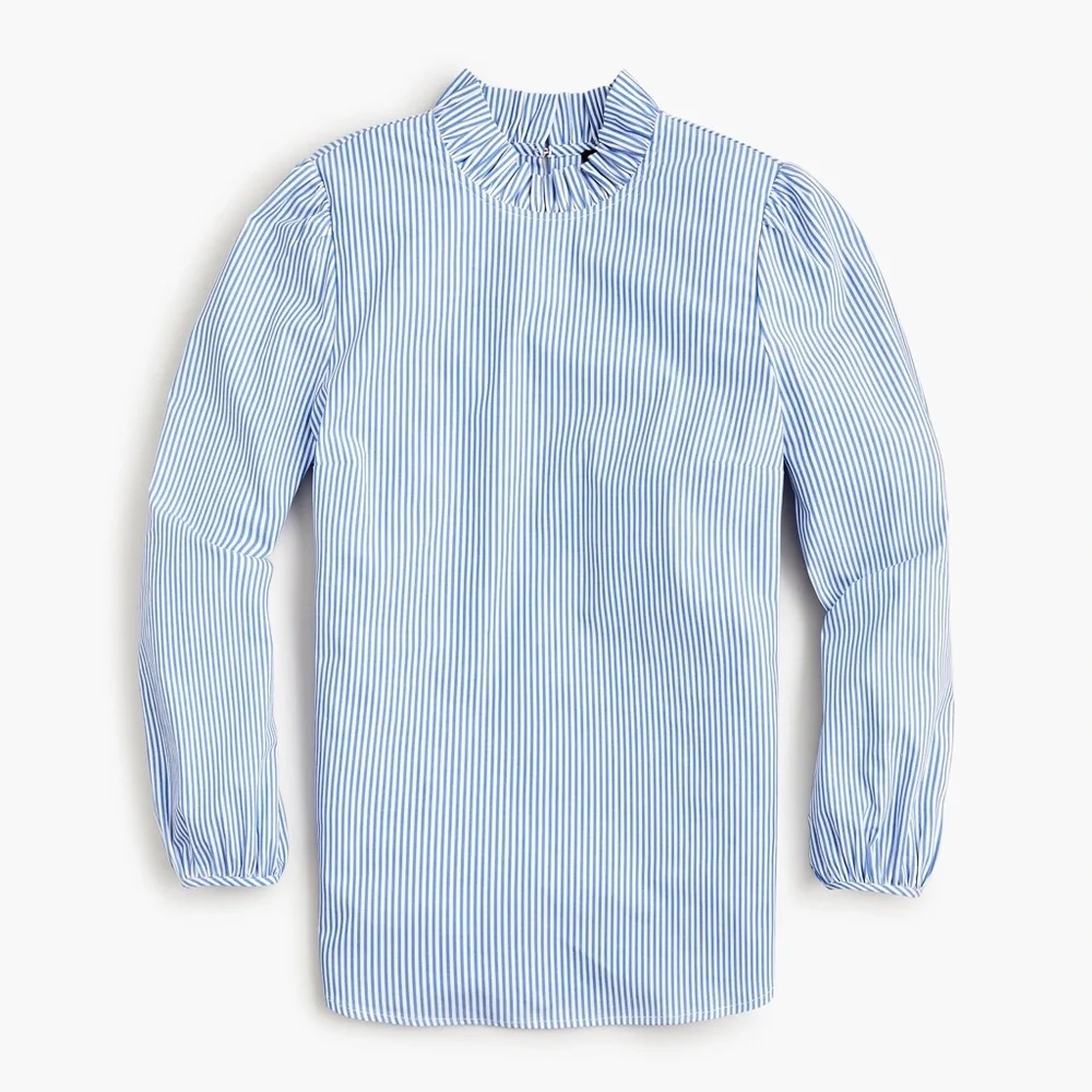 J Crew Long-sleeve ruffleneck top in stripe‎ high neck puff sleeves